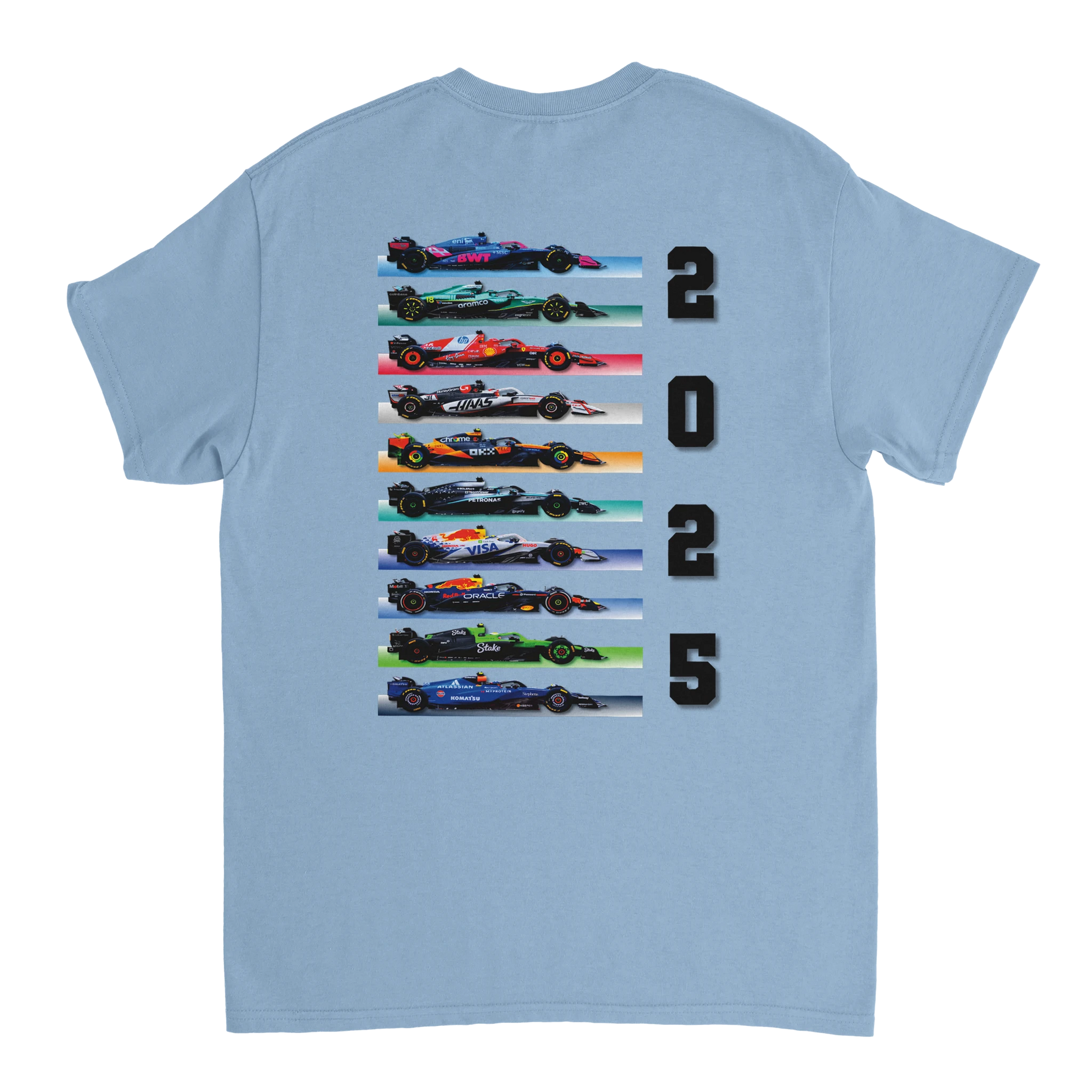 f111 merch light-blue color t-shirt1 with f1-teams-2025 branding.