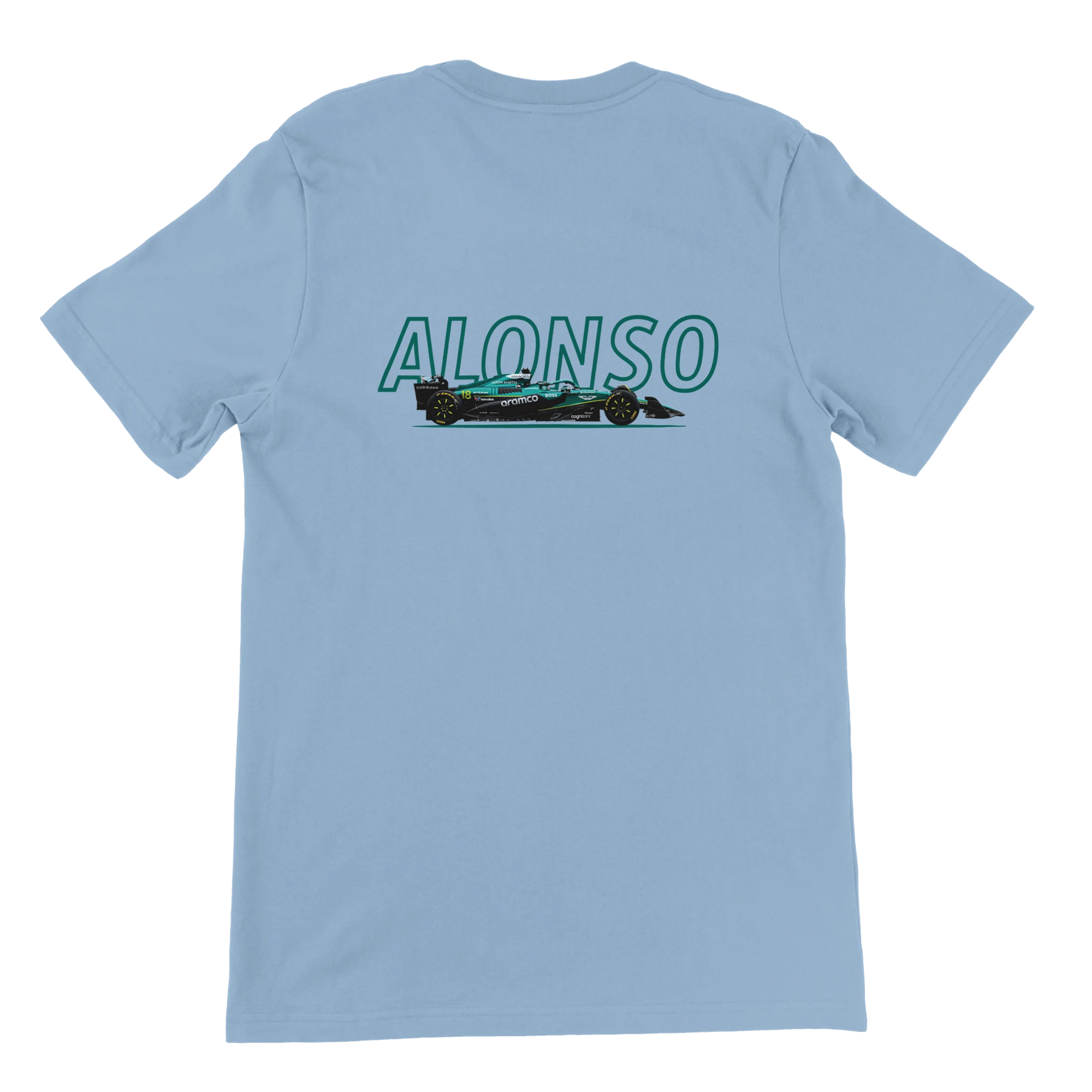 f111 merch light-blue color t-shirt1 with fernando-alonso branding.