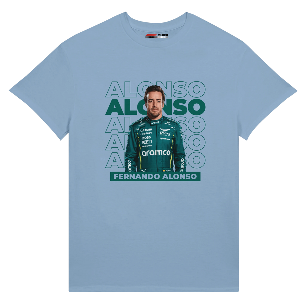 f111 merch light-blue color t-shirt1 with fernando-alonso branding.