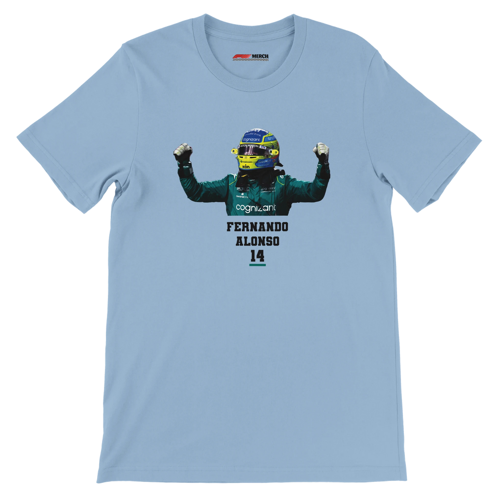 f111 merch light-blue color t-shirt1 with fernando-alonso branding.