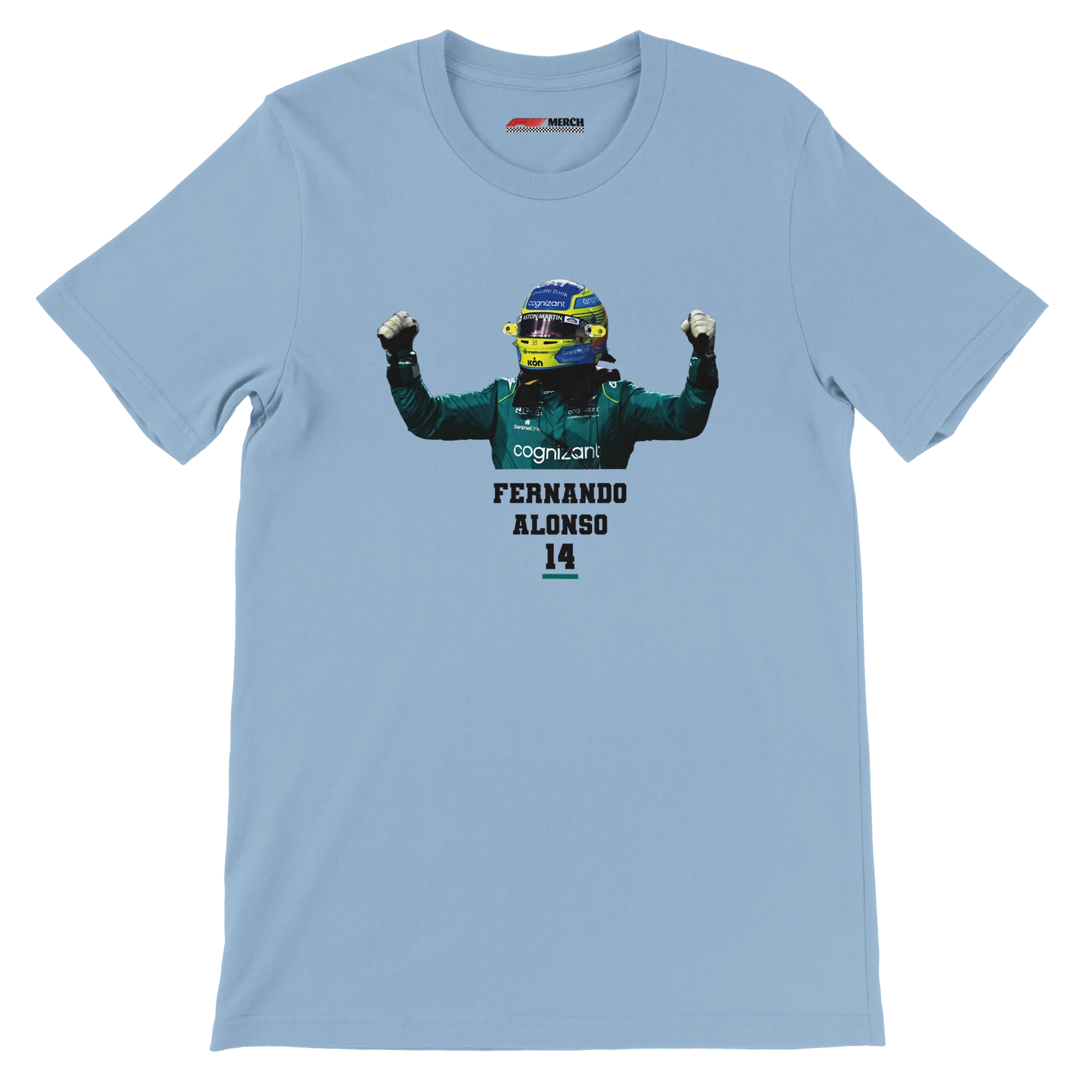 f111 merch light-blue color t-shirt1 with fernando-alonso branding.
