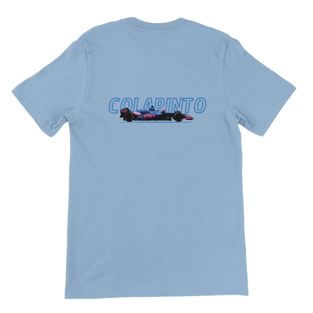 f111 merch light-blue color t-shirt1 with franco-colapinto branding.