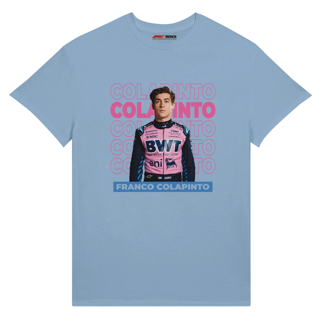 f111 merch light-blue color t-shirt1 with franco-colapinto branding.