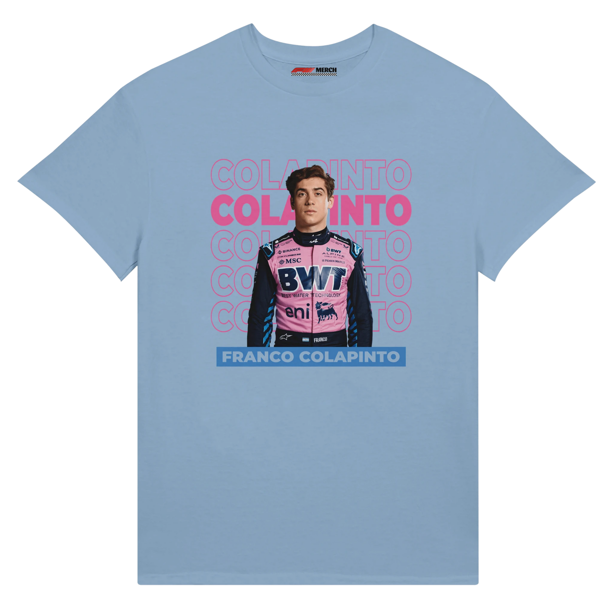 f111 merch light-blue color t-shirt1 with franco-colapinto branding.