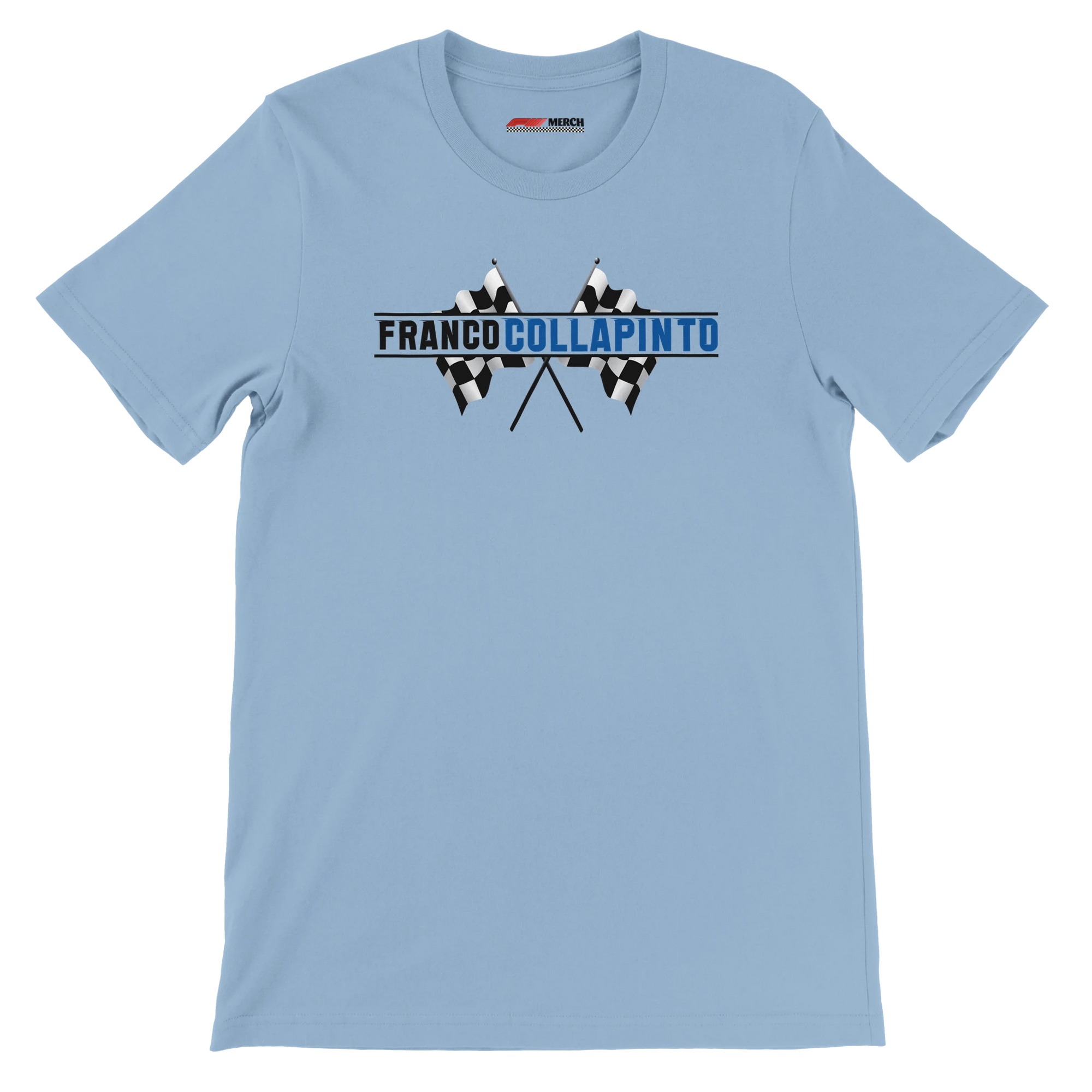f111 merch light-blue color t-shirt1 with franco-colapinto branding.
