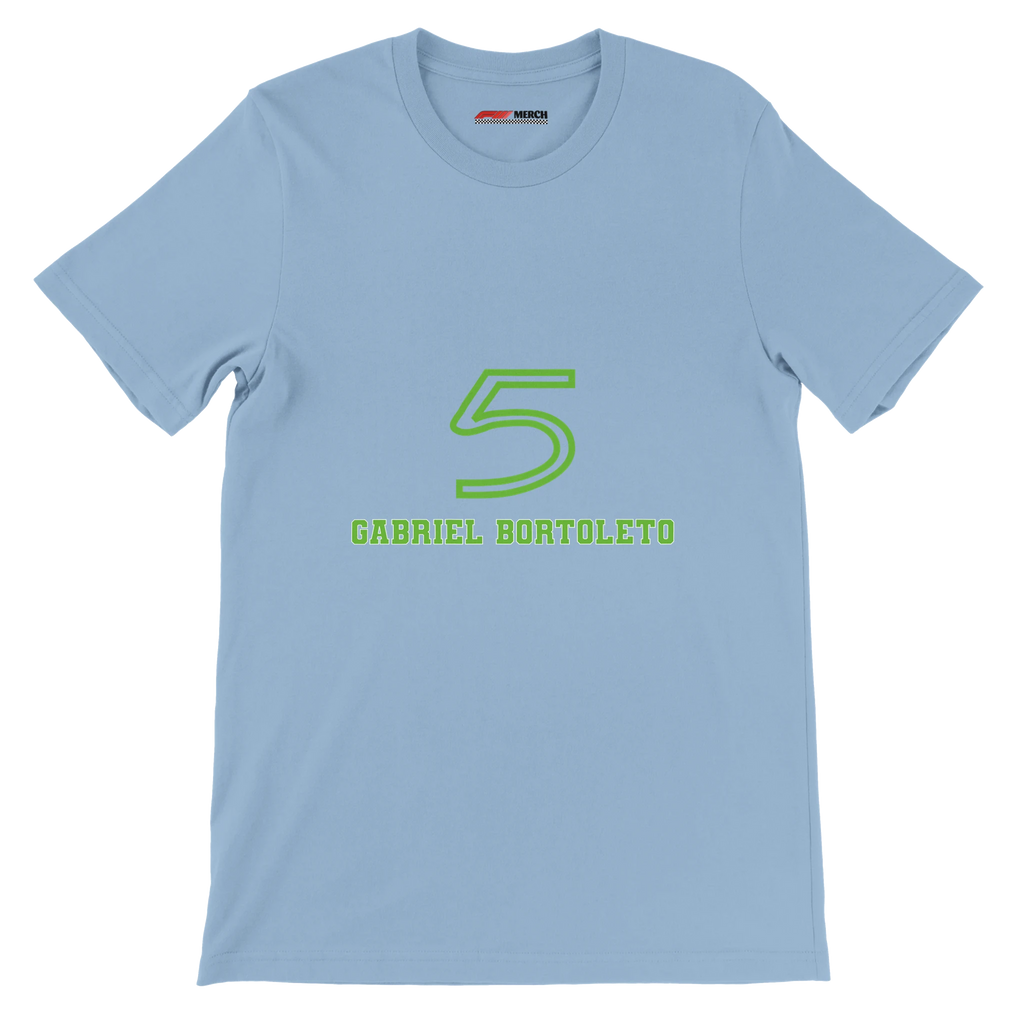 f111 merch light-blue color t-shirt1 with gabriel-bortoleto branding.