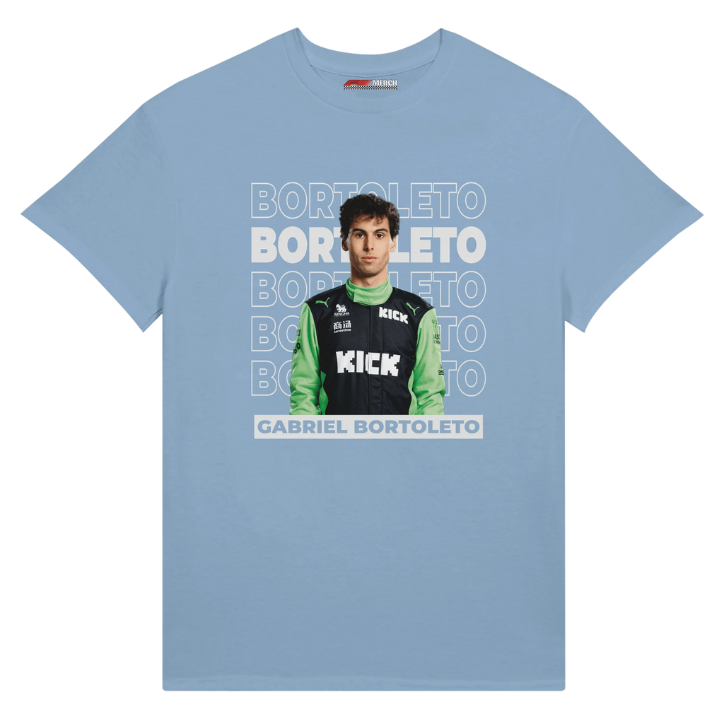 f111 merch light-blue color t-shirt1 with gabriel-bortoleto branding.
