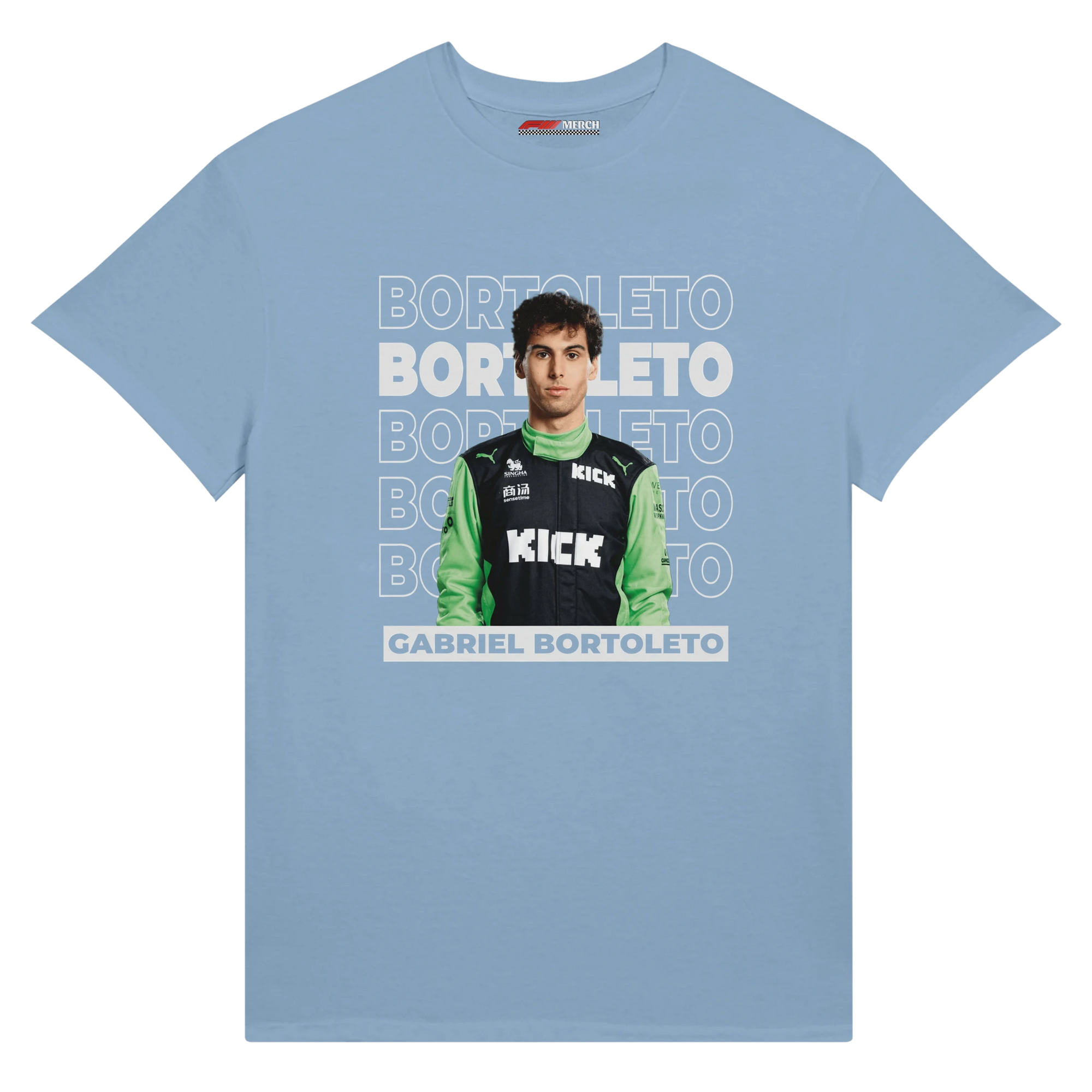 f111 merch light-blue color t-shirt1 with gabriel-bortoleto branding.