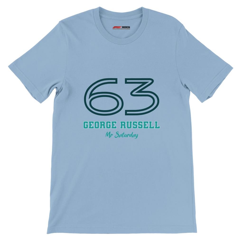 f111 merch light-blue color t-shirt1 with george-russell branding.