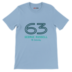 f111 merch light-blue color t-shirt1 with george-russell branding.