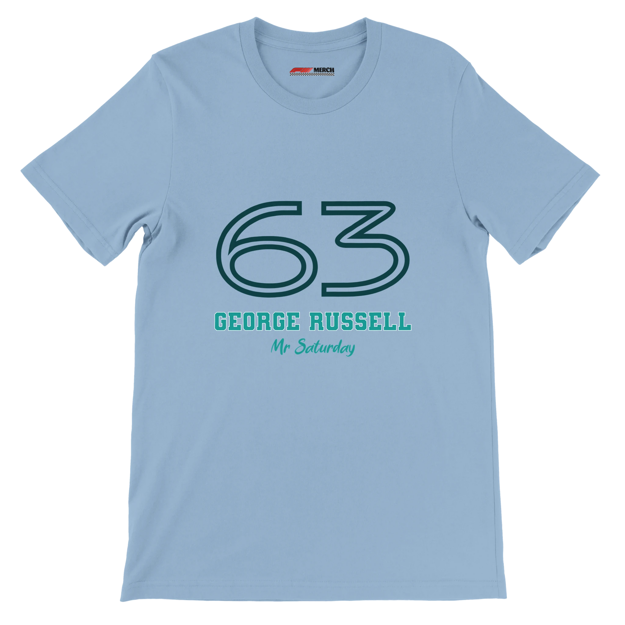 f111 merch light-blue color t-shirt1 with george-russell branding.