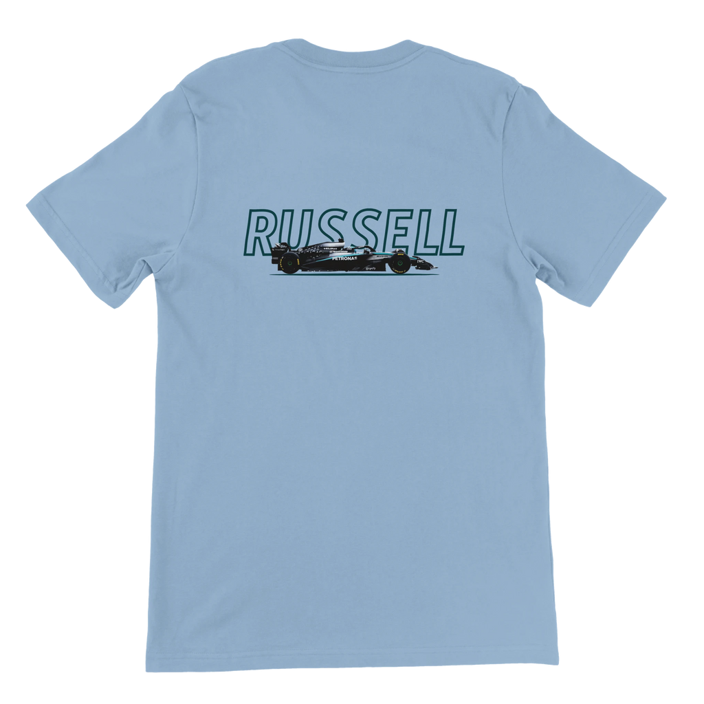 f111 merch light-blue color t-shirt1 with george-russell branding.