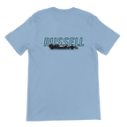 f111 merch light-blue color t-shirt1 with george-russell branding.