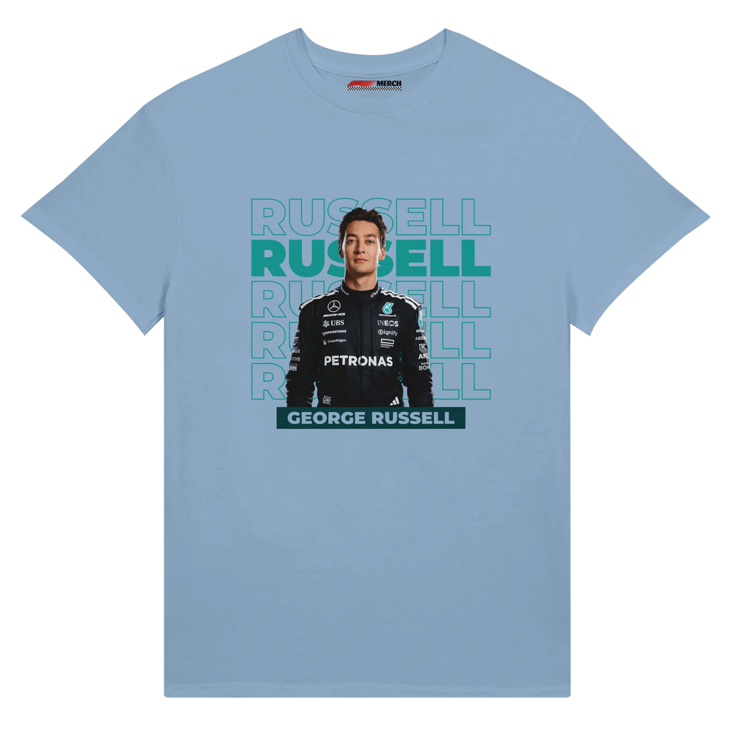 f111 merch light-blue color t-shirt1 with george-russell branding.