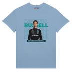 f111 merch light-blue color t-shirt1 with george-russell branding.