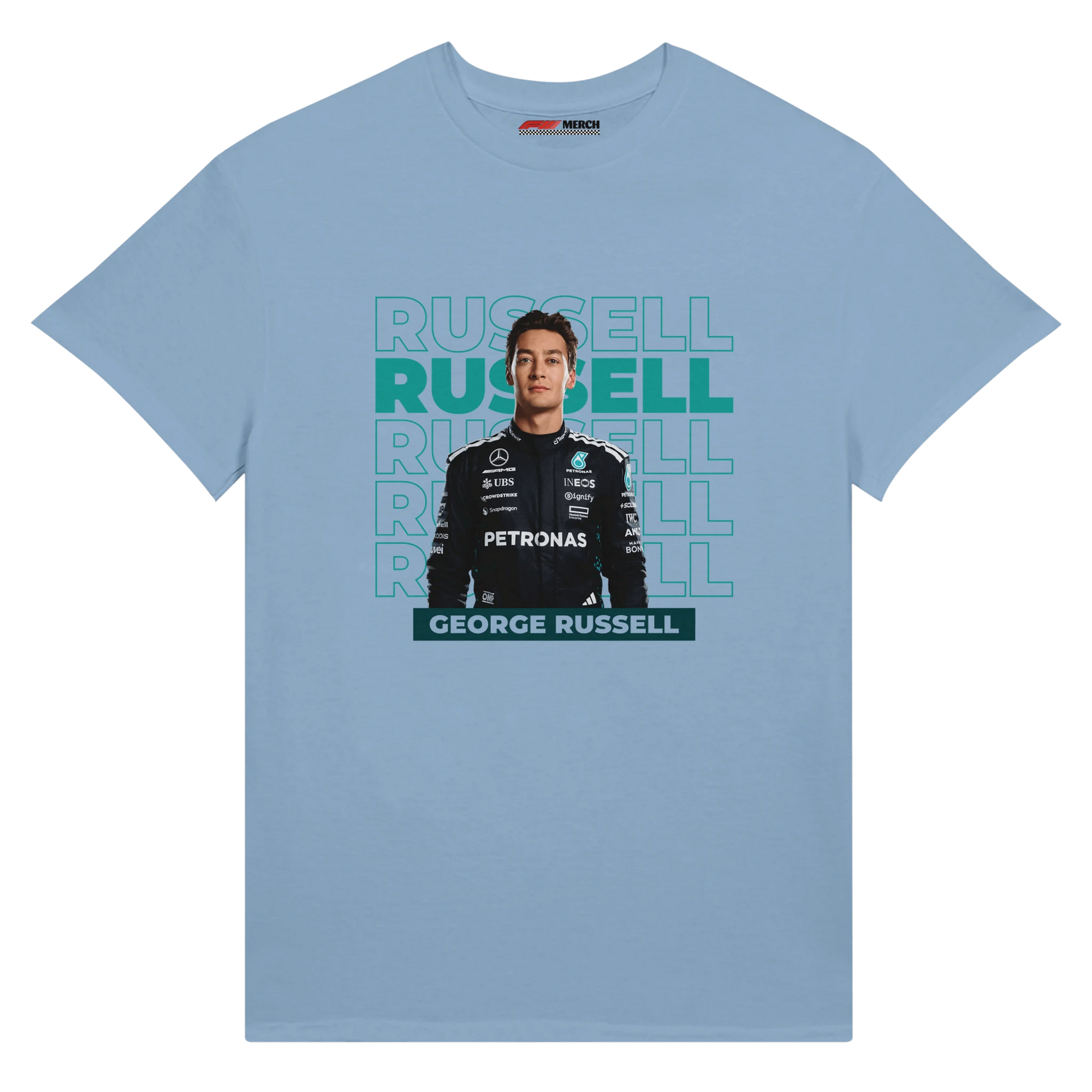 f111 merch light-blue color t-shirt1 with george-russell branding.