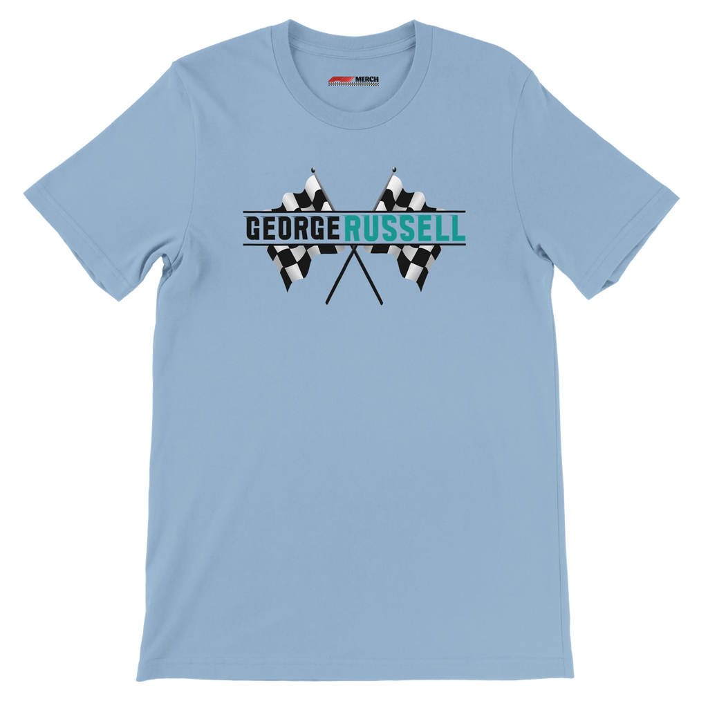 f111 merch light-blue color t-shirt1 with george-russell branding.