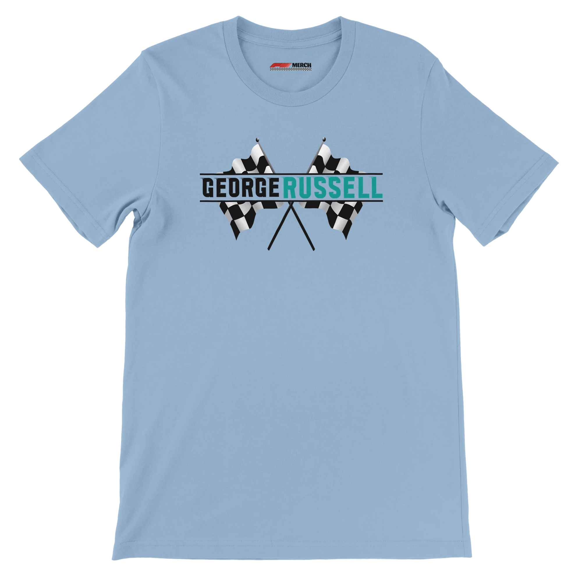 f111 merch light-blue color t-shirt1 with george-russell branding.