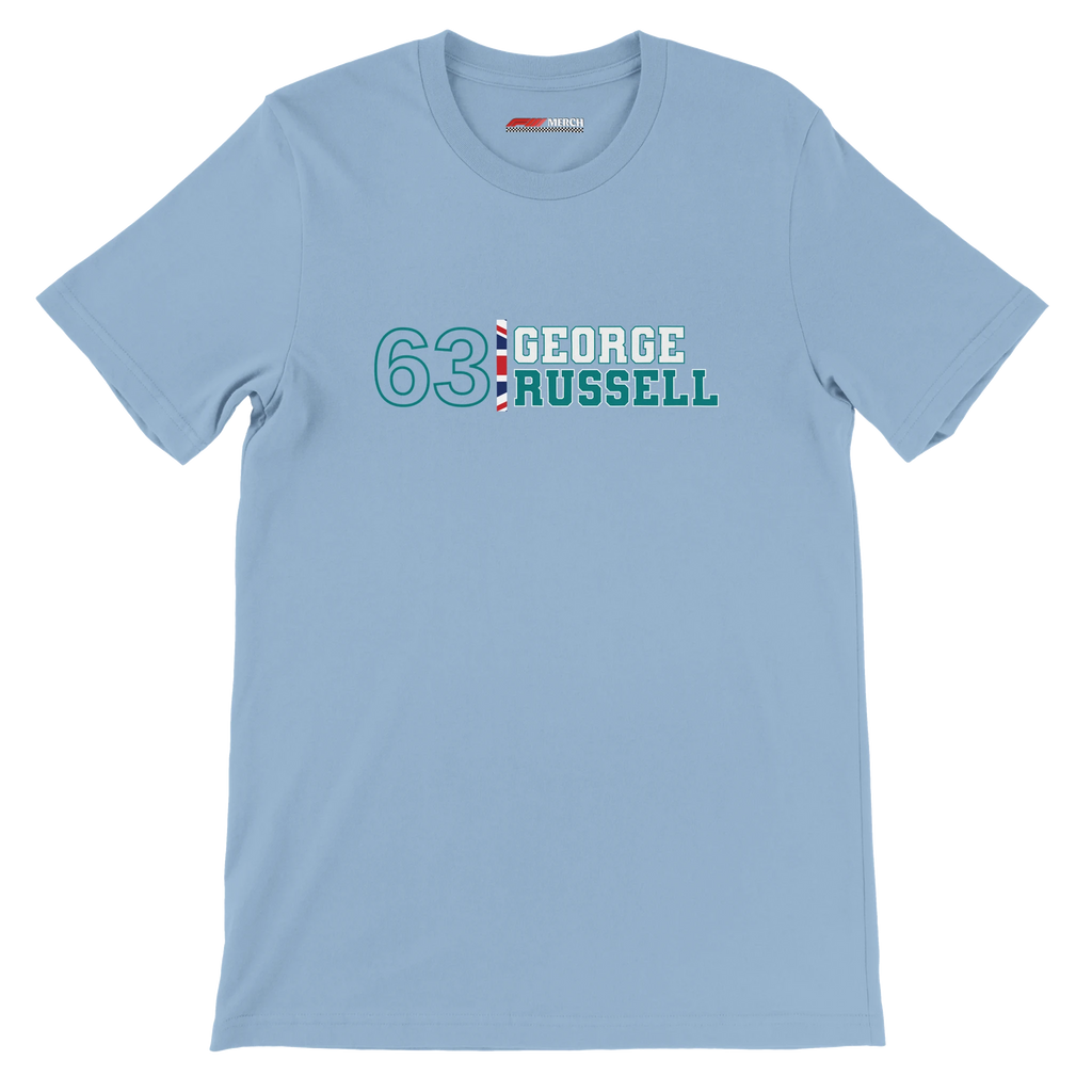 f111 merch light-blue color t-shirt1 with george-russell branding.