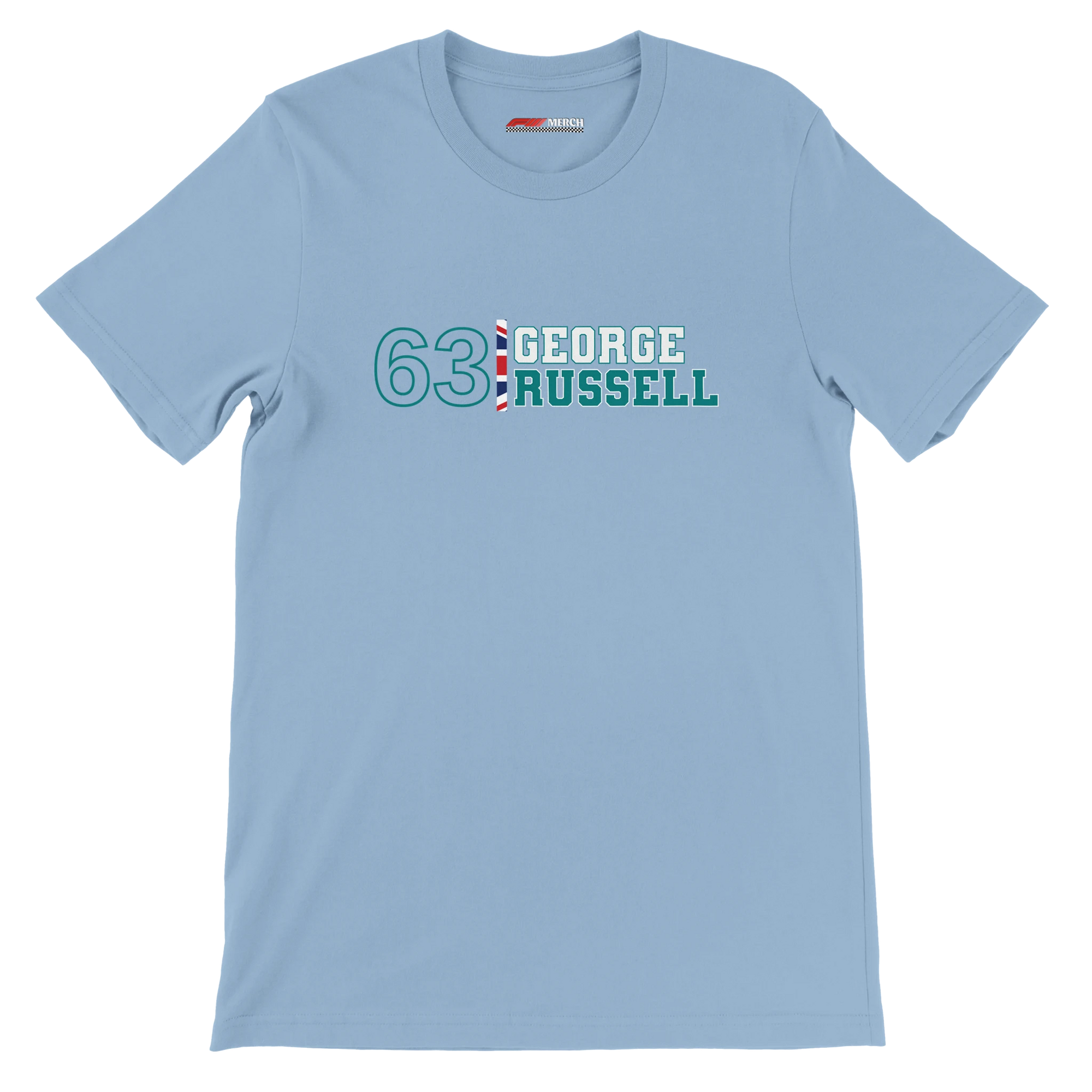 f111 merch light-blue color t-shirt1 with george-russell branding.