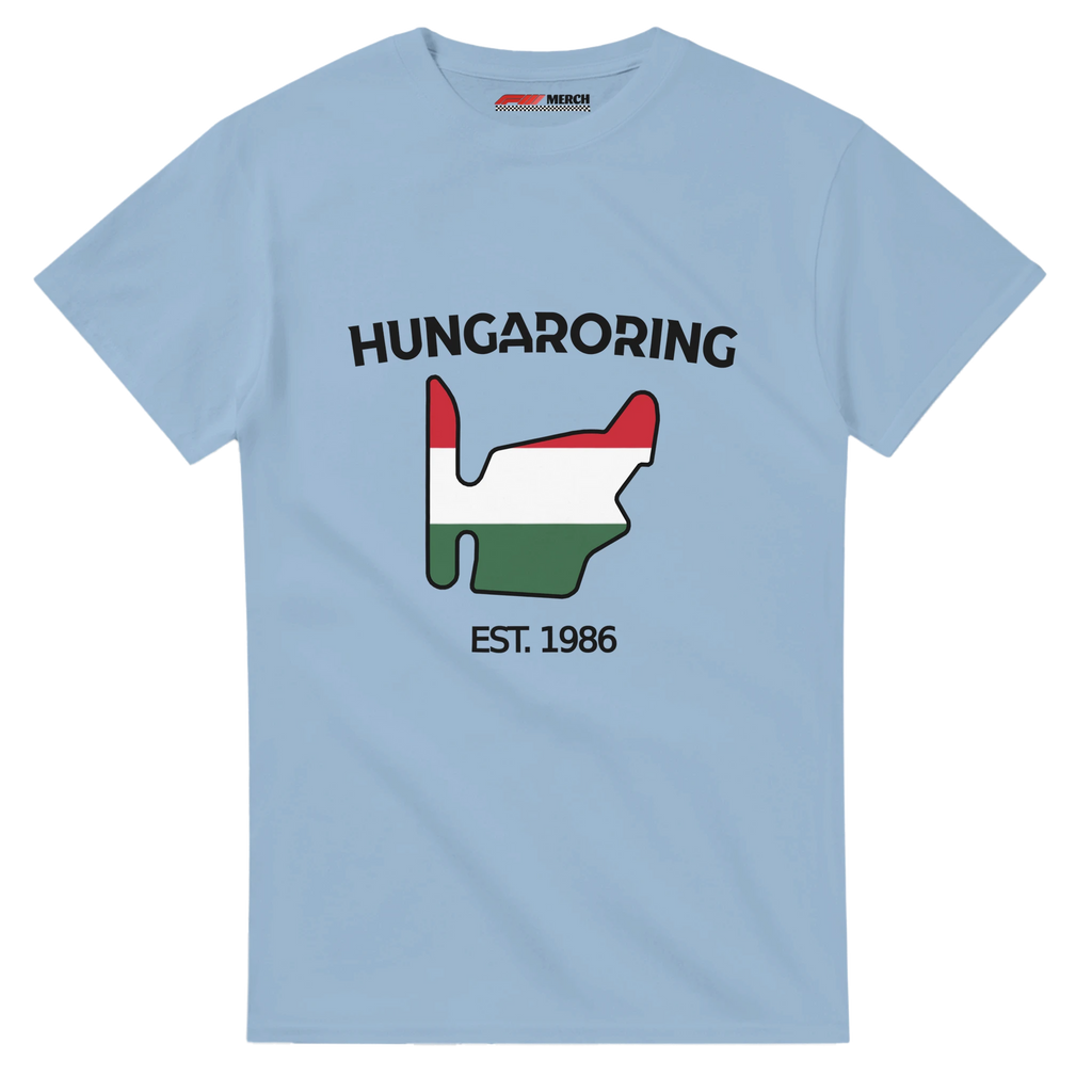 f111 merch light-blue color t-shirt1 with hungaroring branding.