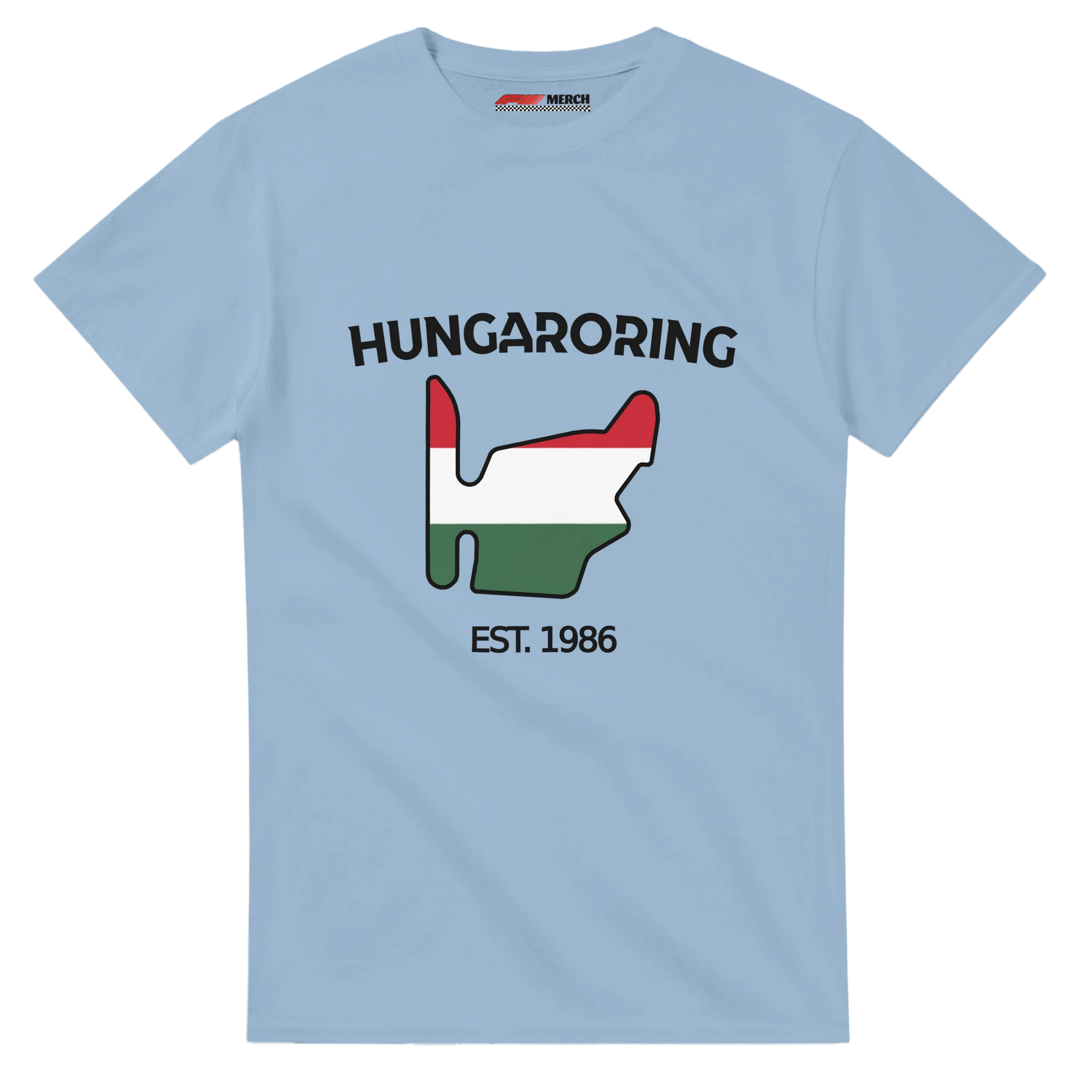 f111 merch light-blue color t-shirt1 with hungaroring branding.