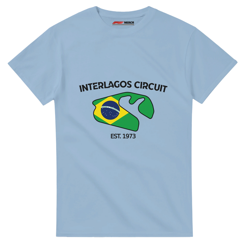 f111 merch light-blue color t-shirt1 with interlagos-circuit branding.
