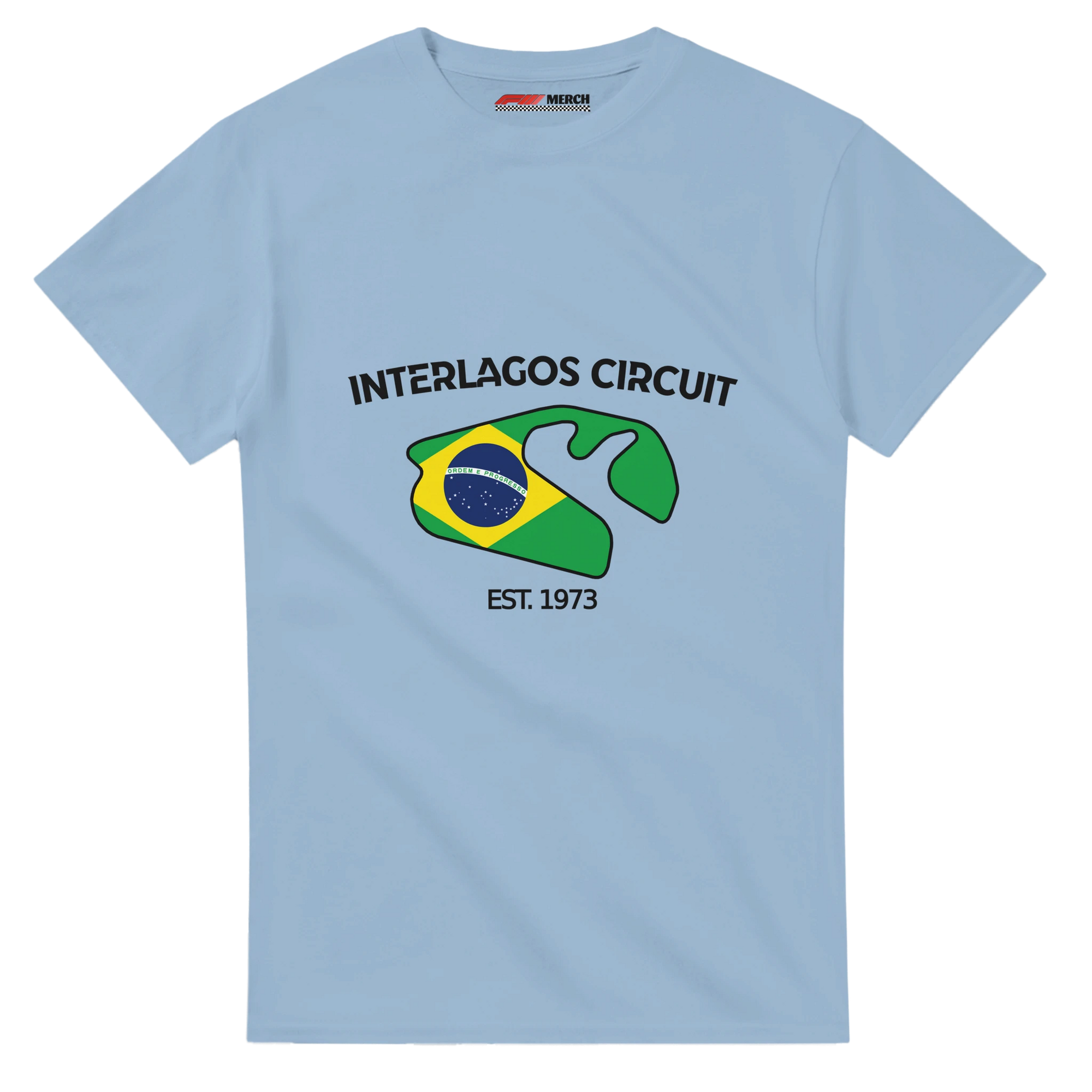 f111 merch light-blue color t-shirt1 with interlagos-circuit branding.