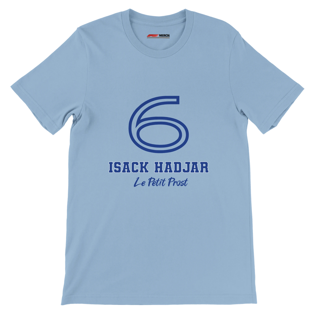 f111 merch light-blue color t-shirt1 with isack-hadjar branding.