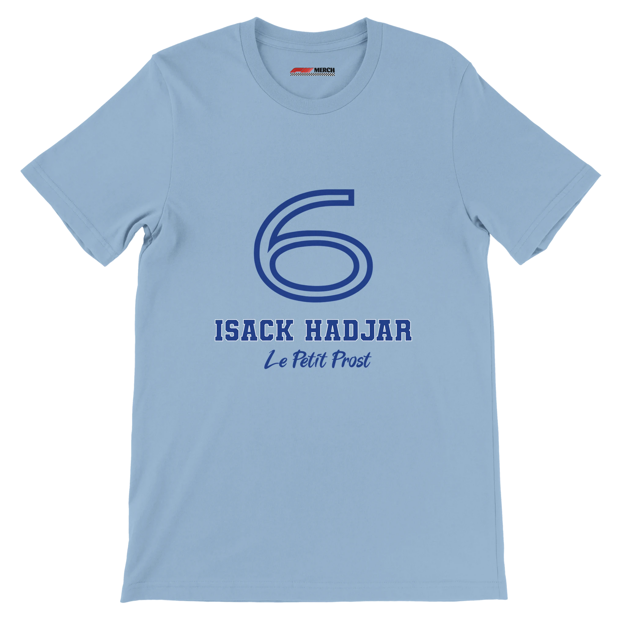 f111 merch light-blue color t-shirt1 with isack-hadjar branding.