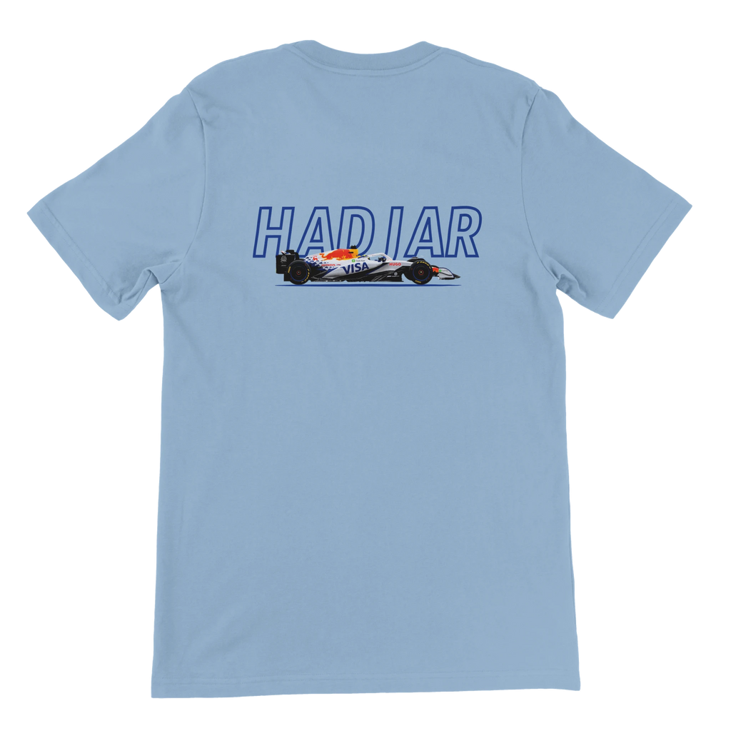 f111 merch light-blue color t-shirt1 with isack-hadjar branding.