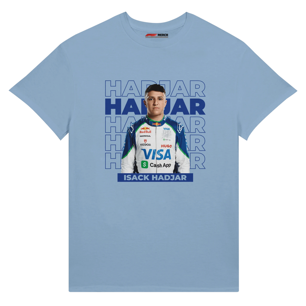 f111 merch light-blue color t-shirt1 with isack-hadjar branding.
