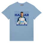 f111 merch light-blue color t-shirt1 with isack-hadjar branding.
