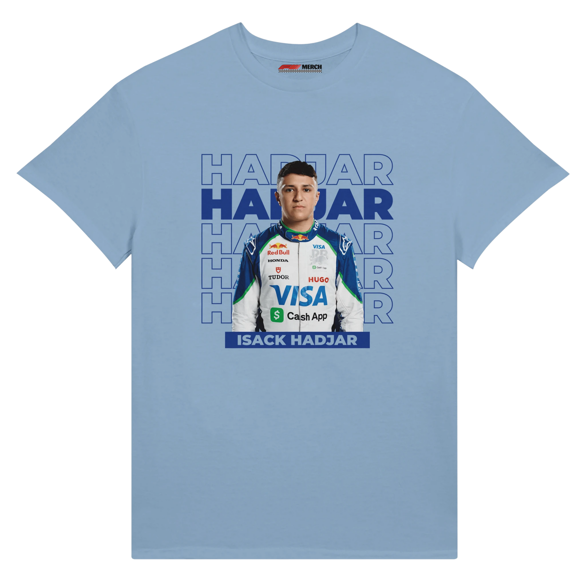f111 merch light-blue color t-shirt1 with isack-hadjar branding.