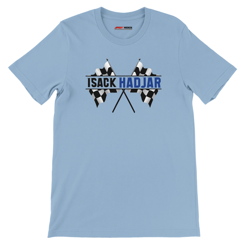 f111 merch light-blue color t-shirt1 with isack-hadjar branding.