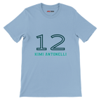 f111 merch light-blue color t-shirt1 with kimi-antonelli branding.