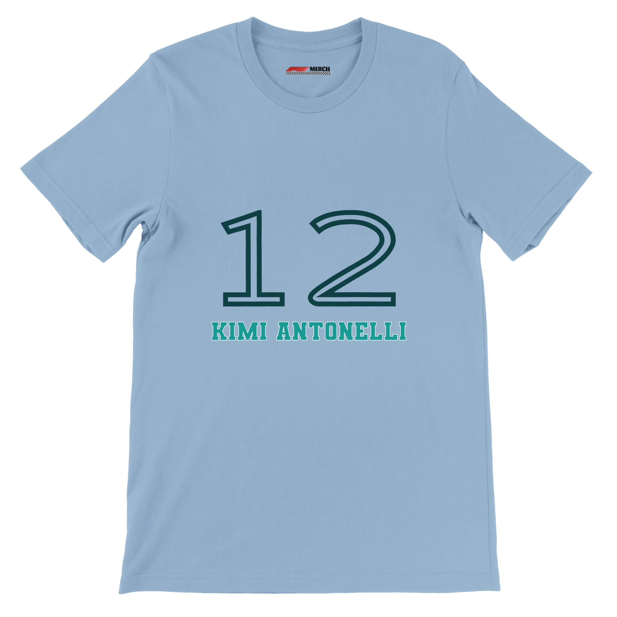 f111 merch light-blue color t-shirt1 with kimi-antonelli branding.