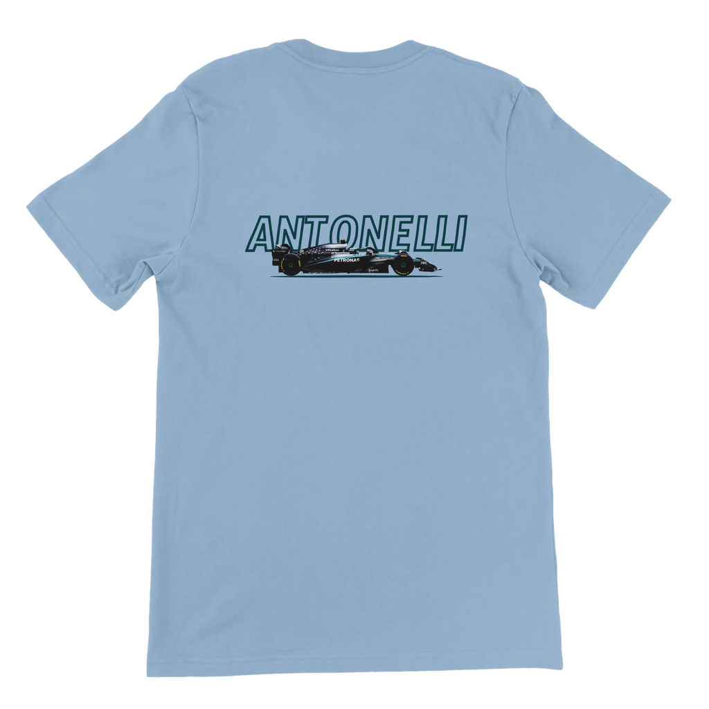 f111 merch light-blue color t-shirt1 with kimi-antonelli branding.