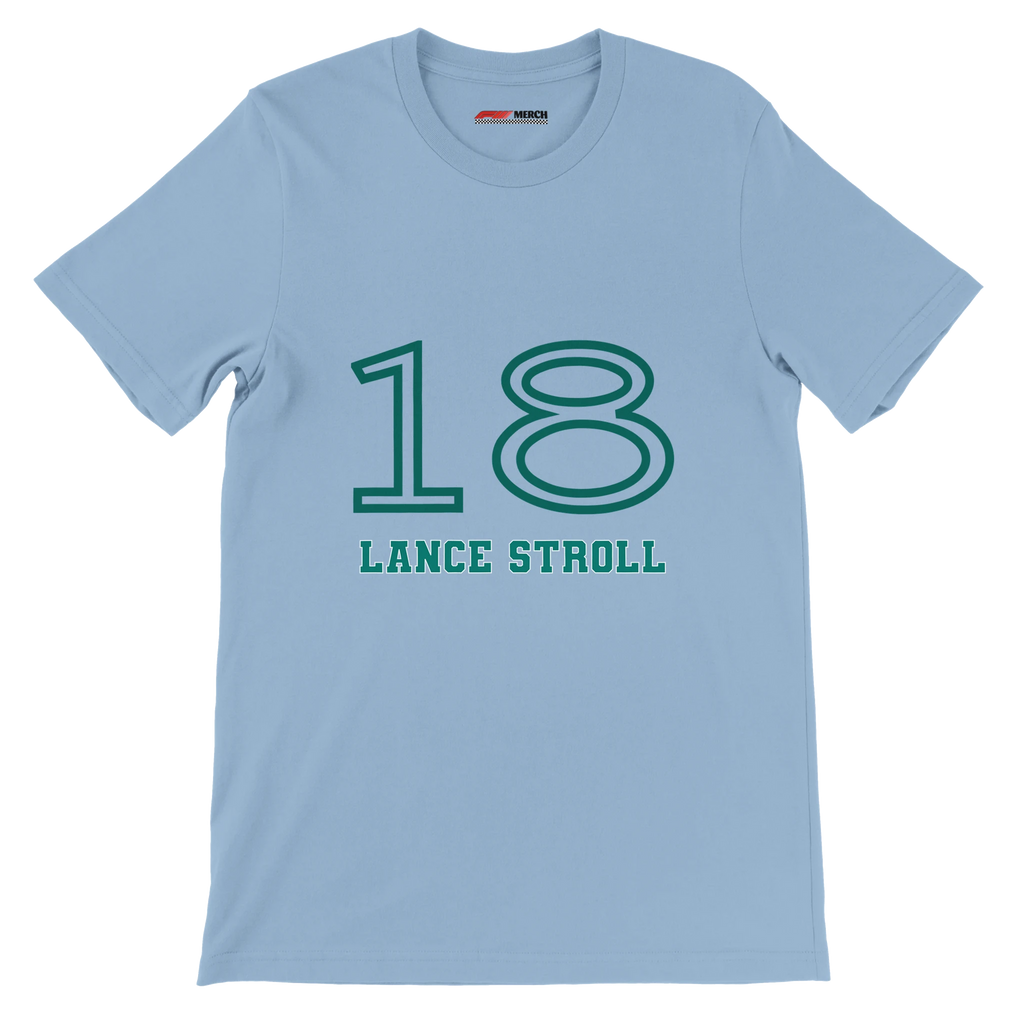 f111 merch light-blue color t-shirt1 with lance-stroll branding.