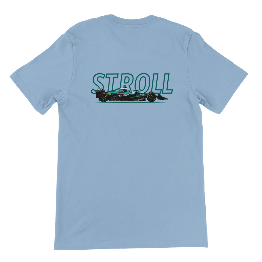 f111 merch light-blue color t-shirt1 with lance-stroll branding.