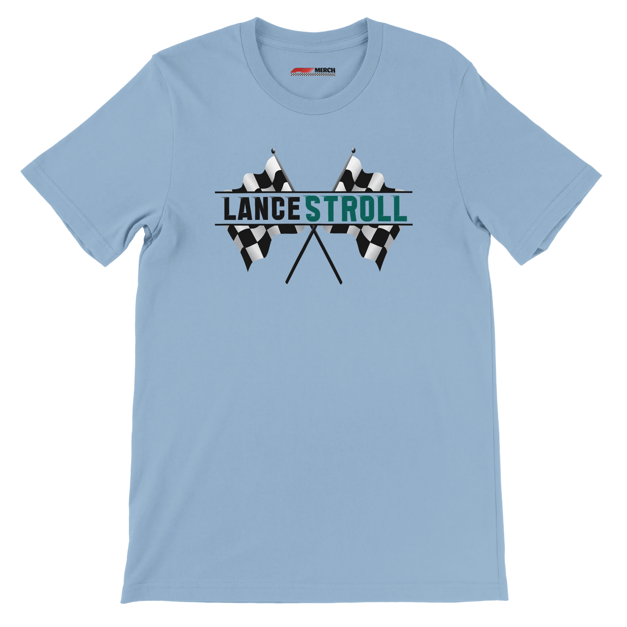 f111 merch light-blue color t-shirt1 with lance-stroll branding.