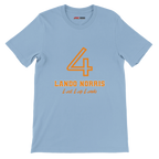 f111 merch light-blue color t-shirt1 with lando-norris branding.