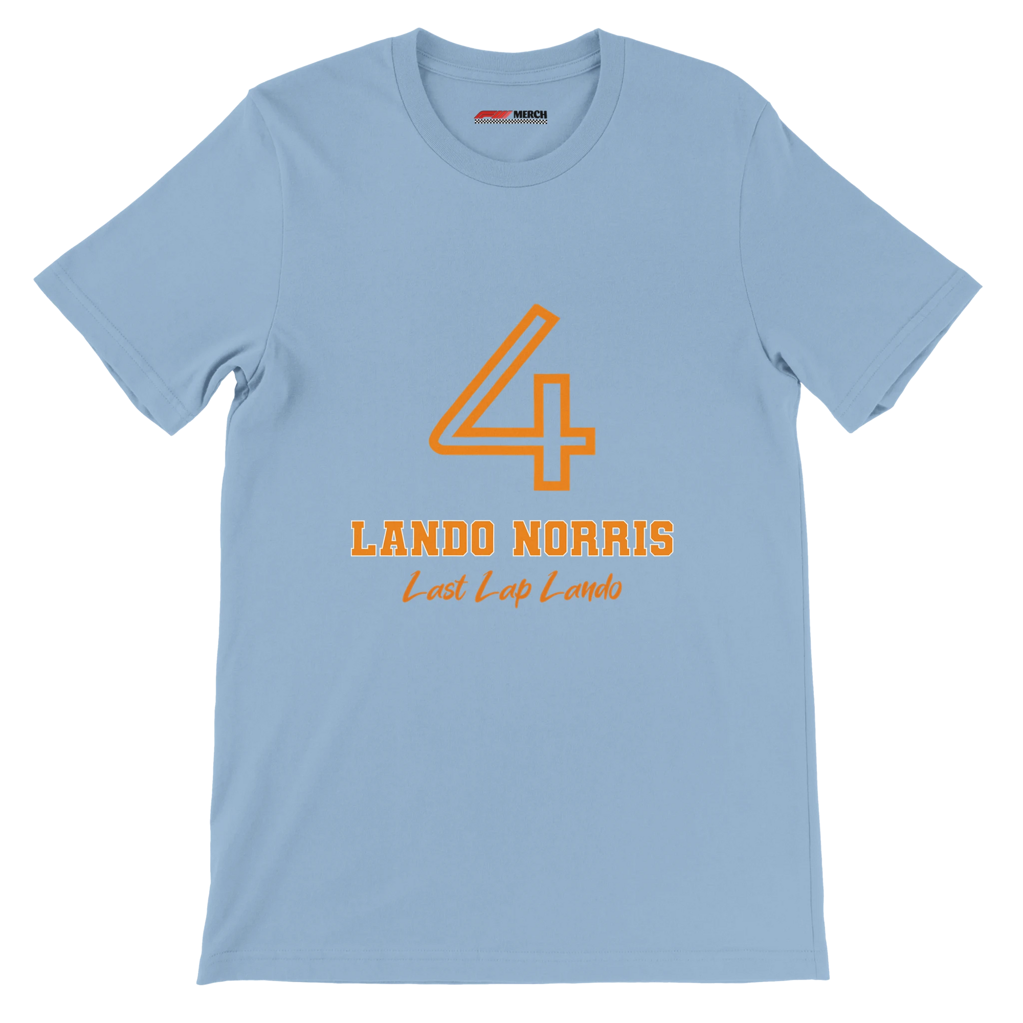 f111 merch light-blue color t-shirt1 with lando-norris branding.