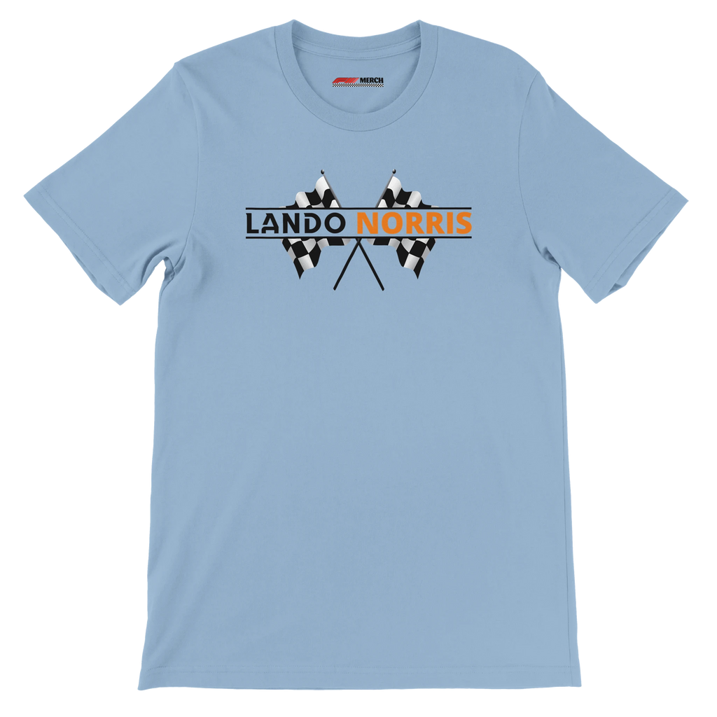 f111 merch light-blue color t-shirt1 with lando-norris branding.