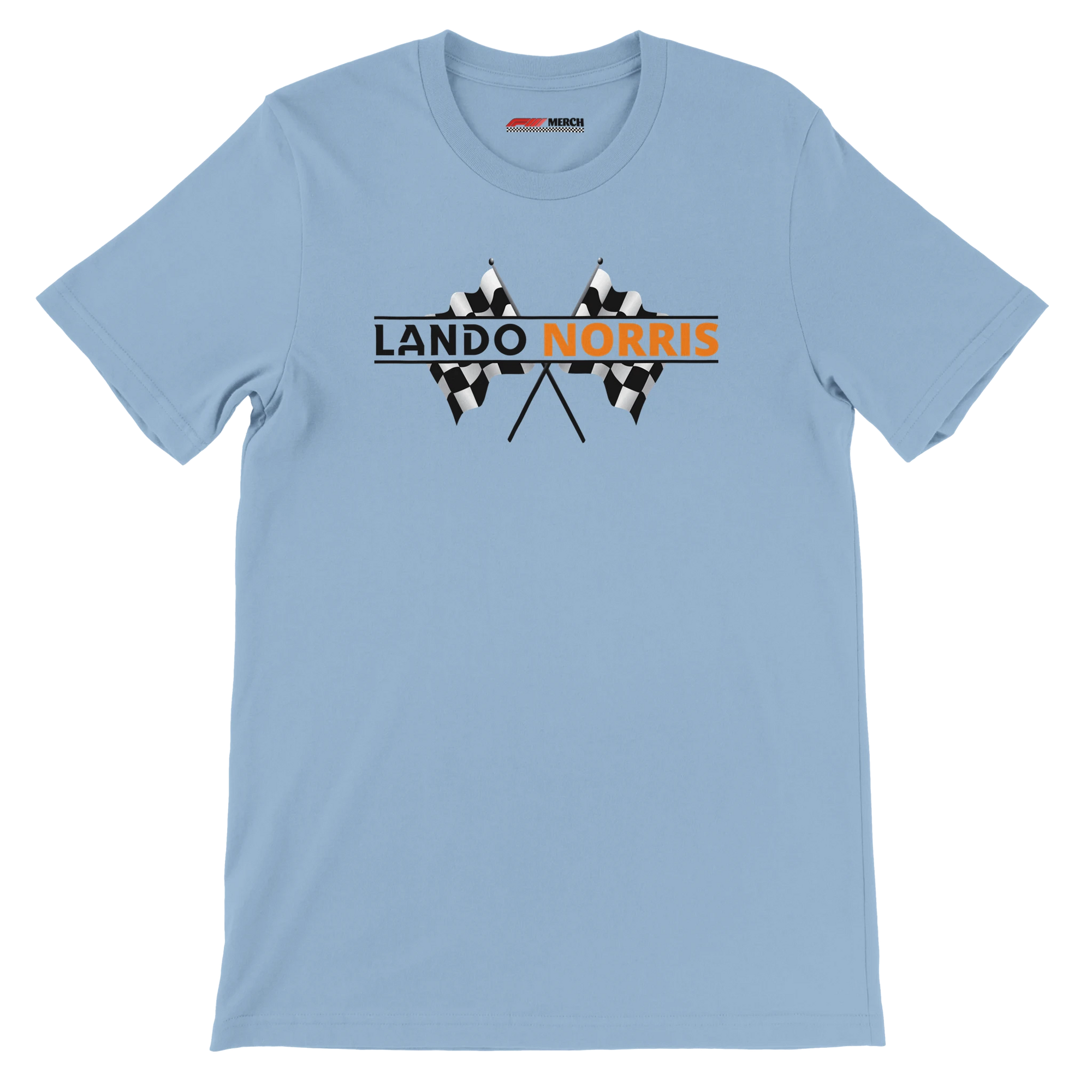 f111 merch light-blue color t-shirt1 with lando-norris branding.