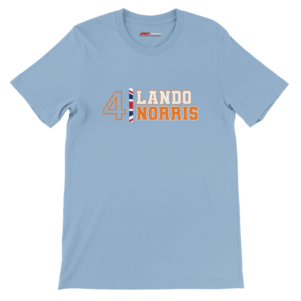 f111 merch light-blue color t-shirt1 with lando-norris branding.