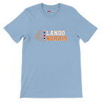 f111 merch light-blue color t-shirt1 with lando-norris branding.