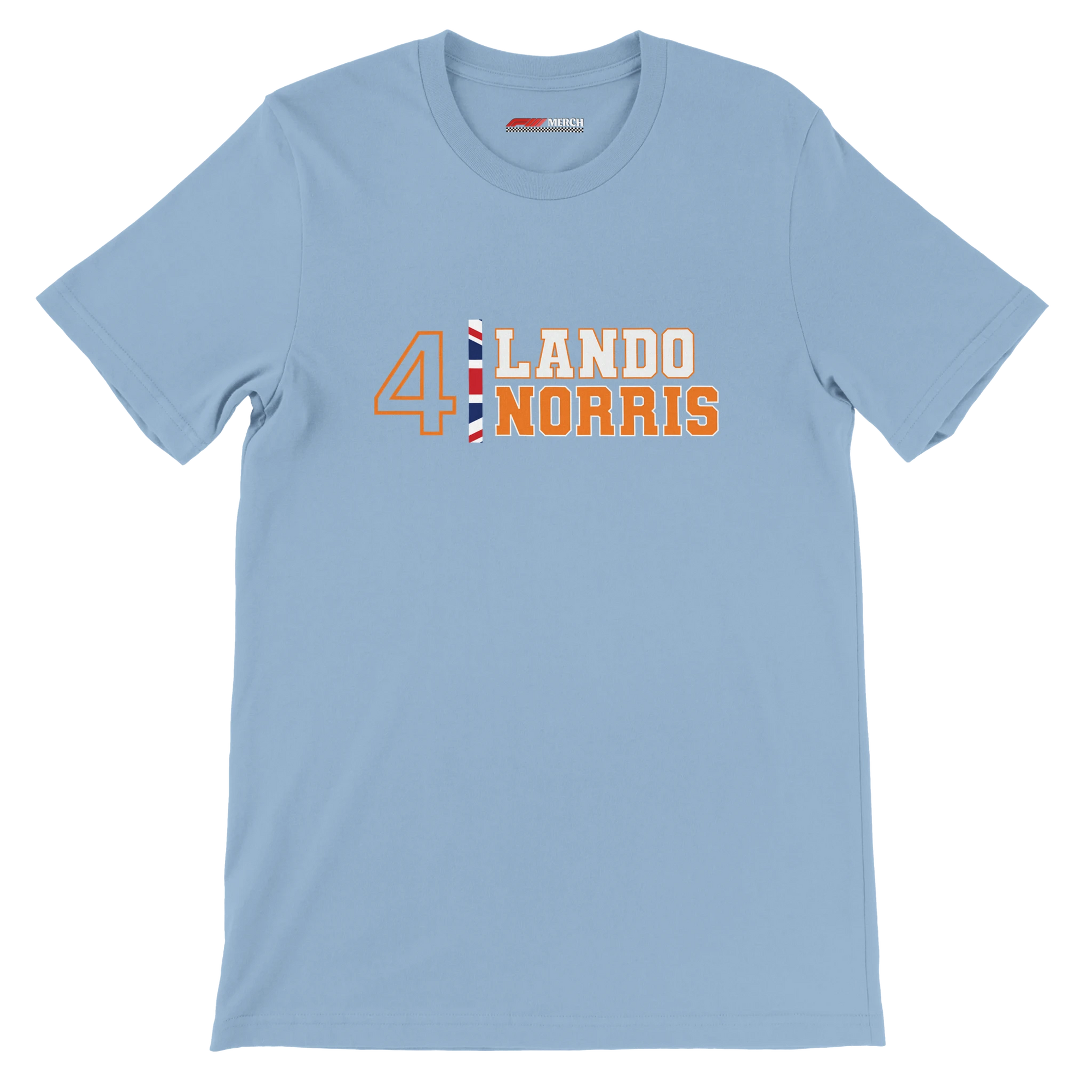 f111 merch light-blue color t-shirt1 with lando-norris branding.