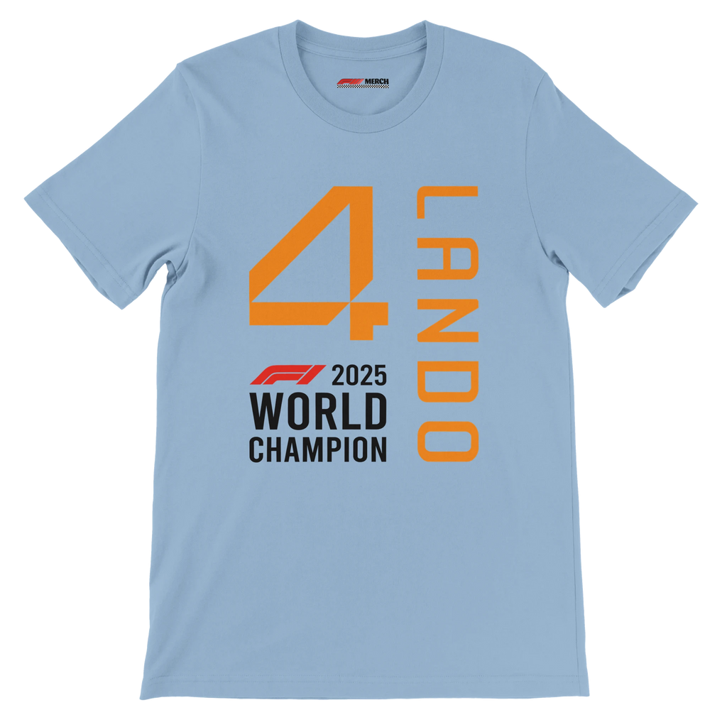 f111 merch light-blue color t-shirt1 with lando-norris branding.