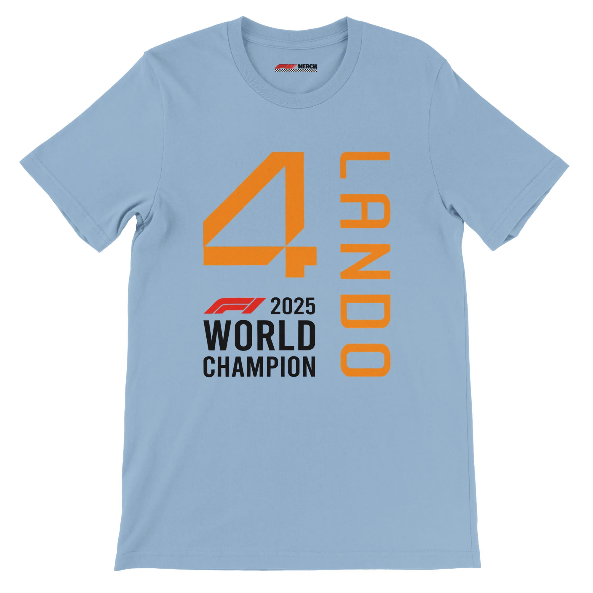 f111 merch light-blue color t-shirt1 with lando-norris branding.